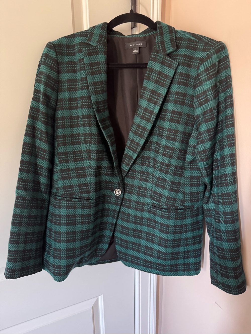 Ann Taylor Teal and Black Plaid Blazer